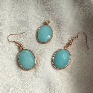 Light Blue & Gold Tone Drop Earrings & Pendant NEW